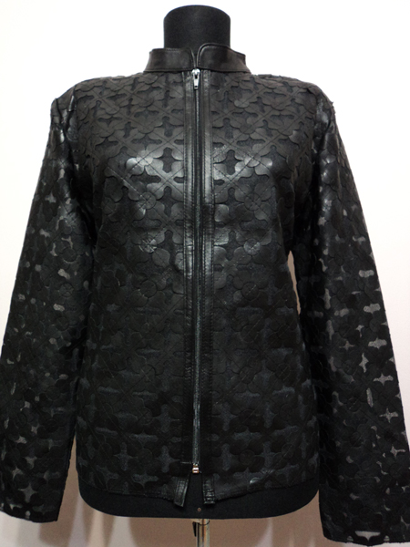Plus Size Black Leather Leaf Jacket for Women Design 06 Genuine Short Zip Up Light Lightweight