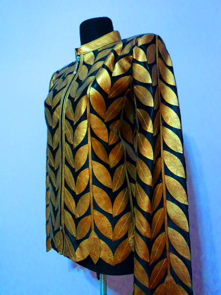 Plus Size Gold Leather Leaf Jacket for Women Design 04 Genuine Short Zip Up Light Lightweight