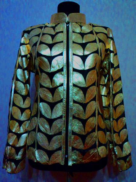 Plus Size Gold Leather Leaf Jacket Women Design Genuine Short Zip Up Light Lightweight