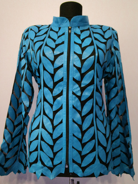 Plus Size Ice Baby Blue Leather Leaf Jacket Women Design Genuine Short Zip Up Light Lightweight