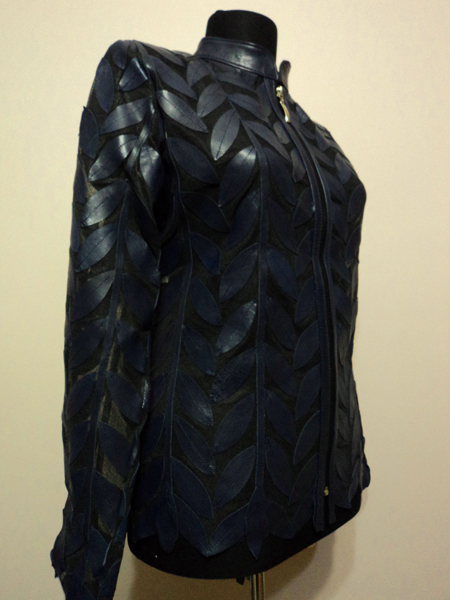 Plus Size Navy Blue Leather Leaf Jacket Women Design Genuine Short Zip Up Light Lightweight