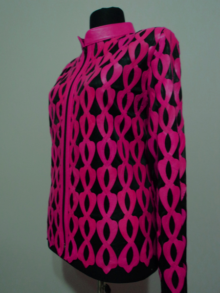 Plus Size Pink Leather Leaf Jacket for Women Design 05 Genuine Short Zip Up Light Lightweight