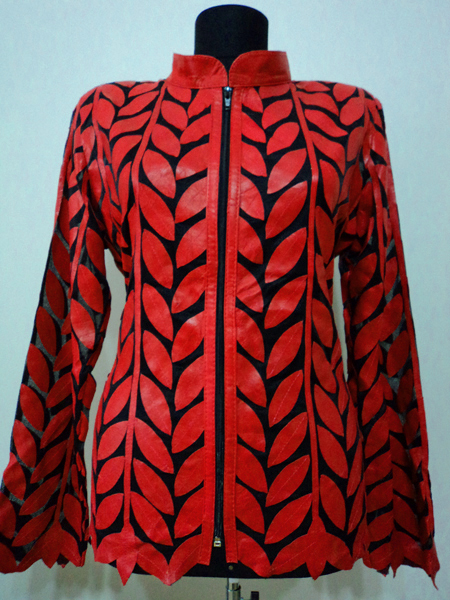 Plus Size Red Leather Leaf Jacket Women Design Genuine Short Zip Up Light Lightweight