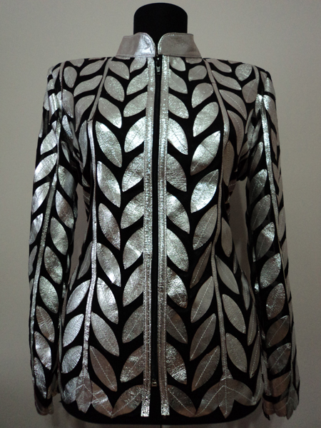Plus Size Silver Gray Leather Leaf Jacket for Women Design 04 Genuine Short Zip Up Light Lightweight
