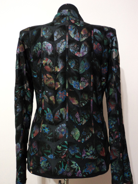 Plus Size Flower Pattern Black Leather Leaf Jacket for Women