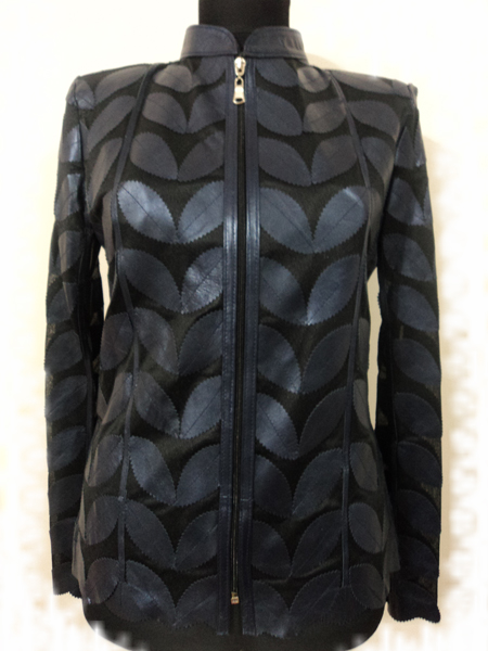 Plus Size Navy Blue Leather Leaf Jacket for Women [ Click to See Photos ]